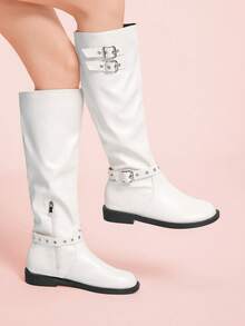 CUCCOO DOLLMOD 女式中筒靴，圆头金属扣，时尚经典百搭 - 白色 - 查看 4