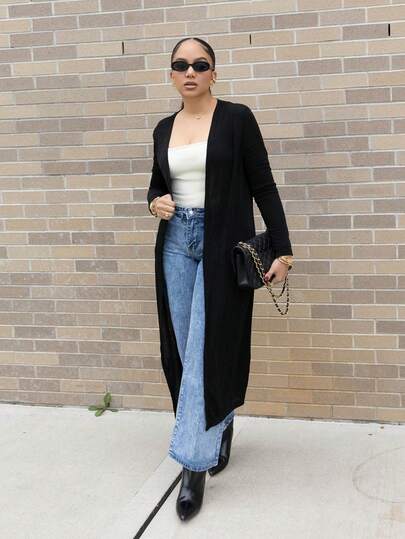 Melissa Matos Women's Autumn Cardigan, Long Open Front Knitted Sweater Coat, Casual Office Business Wear, Simple Elegant Style