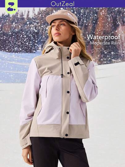 OutZeal 女士防水防风三层科技面料拉链口袋撞色户外夹克，适合徒步露营，秋冬季穿着