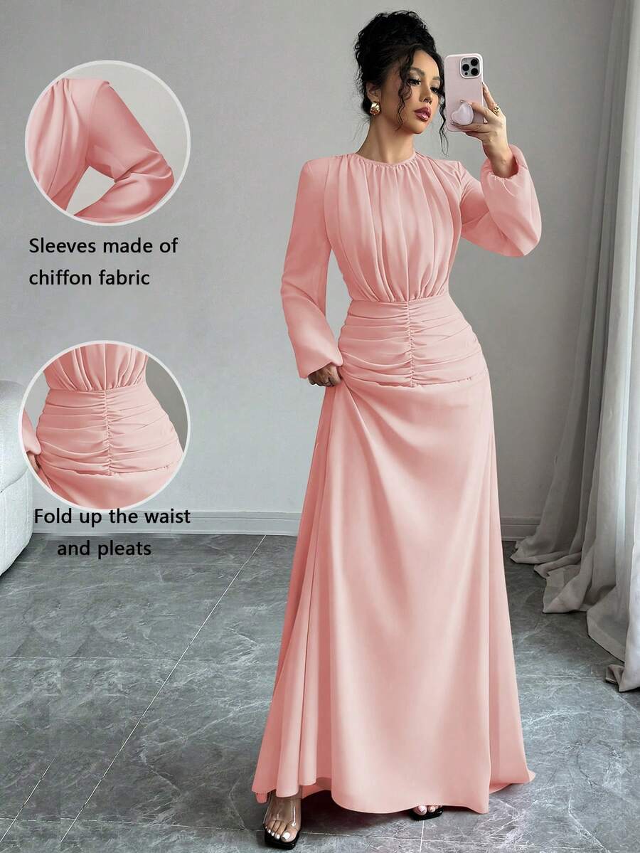 Elenzga Váy nữ dáng chữ A xếp ly eo chiffon đỏ ngày lễ tình nhân thanh lịch lãng mạn - Màu Hồng San hô - Xem 1