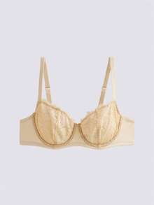 Loungeista 女士性感蕾丝文胸，钢圈全罩杯无衬垫文胸，柔软舒适的睫毛蕾丝内衣 - 杏色 - 查看 1