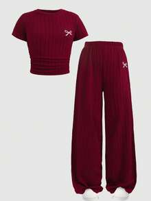 SHEIN Tween Girls' Casual Minimalist Comfortable Round Neck Short Sleeve Ruched Side Crop Top And Pants Set - Red - View 9