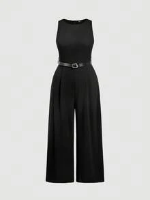 SHEIN MOD 大码女式黑色复古 70 年代连体裤（含免费腰带）- 复古风格、通勤装、学院风、休闲装、西式装、办公室装和机场装 - 黑色 - 查看 3