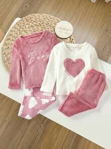 4件套女婴情人节可爱爱心云朵印花圆领长袖上衣和柔软抓绒睡衣套装 - 彩色 - 查看 3