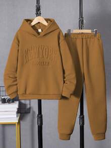 2件套男童休闲连帽运动衫和运动裤针织套装，秋冬 - 棕色 - 查看 3