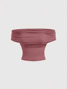 SHEIN MOD Canotta elegante da donna con collo a canottiera, plissettata e aderente, di colore unito - Rosa antico - Visualizzare 6