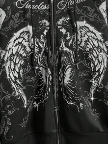 ROMWE Avant Sudadera holgada con estampado de alas de ángel y espinas, con adornos de rhinestones, unisex y vintage - Negro - Ver 3