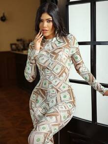 SHEIN Mesh US Dollar Full Body Print Sheer Jumpsuit,Sage Green,Summer,Sexy,Prom,Rave,High Stretch Mesh Patchwork Jumpsuit For Party&Music Festival - Gold - View 5