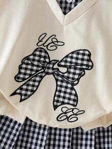 Elladie kids 两件套女童蝴蝶刺绣+格子拼接领卫衣+百褶裙时尚套装，百搭时尚校园风 - 黑色 - 查看 7