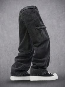 Manfinity Denimwave Manfinity 街头风男士时尚十字架字母水钻装饰牛仔裤 万圣节诸圣节水钻牛仔裤 Y2K 水钻黑色宽松阔腿迪斯科派对破洞牛仔 - 黑色 - 查看 1