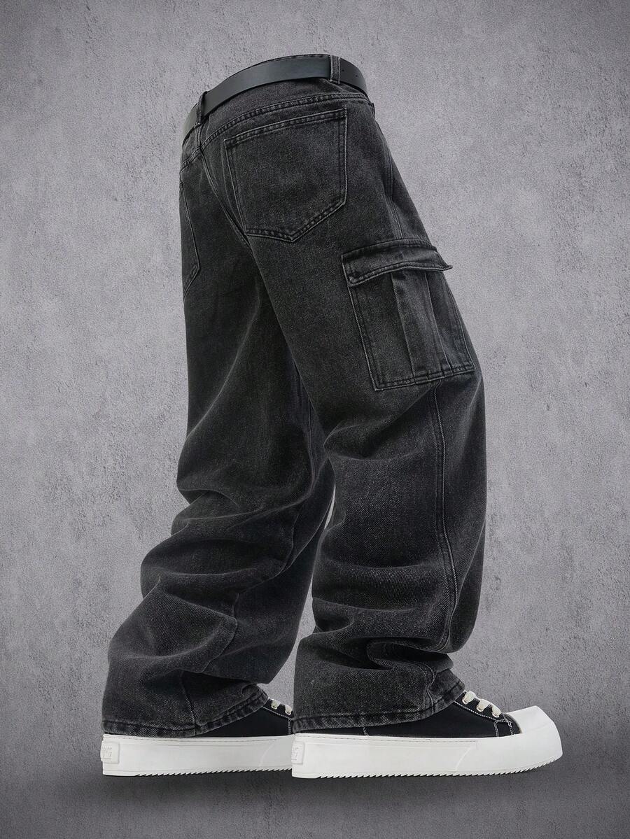 Manfinity Denimwave Manfinity 街头风男士时尚十字架字母水钻装饰牛仔裤 万圣节诸圣节水钻牛仔裤 Y2K 水钻黑色宽松阔腿迪斯科派对破洞牛仔 - 黑色 - 查看 1