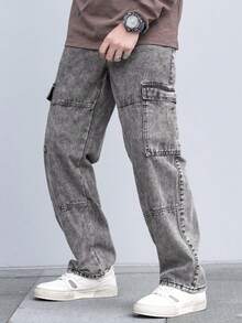 Manfinity Roughcore Men's Wide Leg Grey Denim Jeans With Cargo Pockets Long Length Casual Streetwear Back-To-School Graduation Summer - Light Grey - View 8