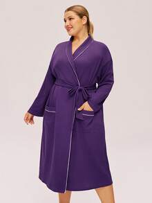 LUVLETTE Autumn And Winter Women Plus Dark Blue Waffle Knit Long Robe With Tie Night Gown Women Bath Robe Fall Pajamas