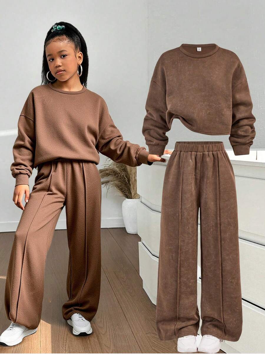 SHEIN Bộ 2 món áo nỉ cổ tròn tay dài rộng rãi, giặt axit, phong cách đường phố thường ngày cho bé gái tuổi teen và quần dài ống rộng xếp ly, bộ quần dài màu nâu cà phê cho bé gái tuổi teen, bộ đồ màu nâu, bộ đồ hai món thường ngày cho bé gái - Cà phê nâu - Xem 1