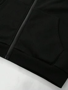 ROMWE MEN Betty Boop | ROMWE 男士拉链连帽衫，采用美国街头设计，蝙蝠袖，卡通人物和字母图案，秋冬 - 黑色 - 查看 6