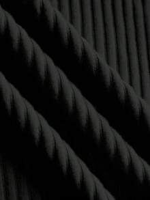 SHEIN SXY 大码女式休闲日常通勤简约纯色罗纹修身打底T恤，秋冬款 - 黑色 - 查看 5