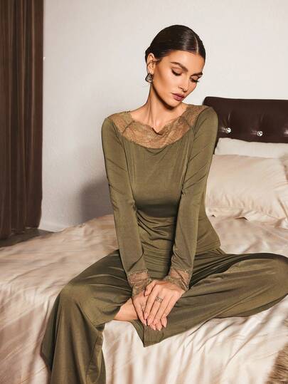 SHEIN Slumberist Damen Lässig einfarbiger Strick Kontrast Spitze Off-Shoulder Langarm Pyjama Set