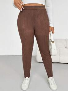SHEIN Essnce Quần bó cạp chun màu nâu thời trang thu đông cho nữ cỡ lớn, thoải mái, co giãn, thoải mái hàng ngày, trang phục mùa thu, quần nữ, quần áo mùa đông, quần làm việc - màu nâu - Xem 4
