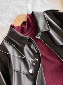 SHEIN Sparklyn 3件套少女时尚PU皮百褶裙套装 - 黑色 - 查看 3