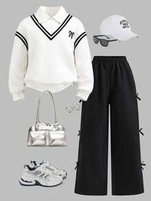 SHEIN بنطلون وبلوزة كاجوال للبنات المراهقات مع تصميم ألوان متباينة وشريطية مع زينة فيونكة، للخريف والشتاء - الأسود - مشاهدة 7