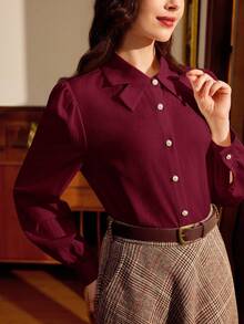 Vintamour Vintage Elegant Women's Shirt Collar Bow Faux Pearl Button Casual Vacation Blouse Teacher For Women Fall Vacation Going Out Business Casual Office, For Women Country Concert Christmas Church Tops, Old Money Style Women Cute Top Classy Burgundy Top,Red Tops For Women New Year Valentine