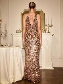 Aveloria Rosie Sexy Luxurious Sequin Mesh Plunging Neck Backless Sleeveless Party Dress - Champagne - View 2