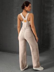 SHEIN EZwear Women's Summer Casual Slant Pocket Straight Leg Denim Bib Pants - Khaki - View 2