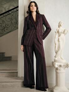 Anewsta 都市时尚派对水钻装饰条纹翻领长袖女士西装外套 + 高腰垂褶条纹水钻装饰女士西装裤，女士套装 - 紫色 - 查看 5