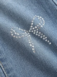 女童闪亮蝴蝶结水钻装饰蓝色牛仔弹力修身喇叭裤 - 中等水洗藍 - 查看 6