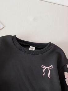 SHEIN 女婴可爱灰色蝴蝶结高领长袖卫衣长裤套装，秋冬款 - 灰色 - 查看 3