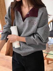 Dazy Kids Teen Girl Letter Embroidery Contrast Color Casual Pullover Sweater - Grey - View 1