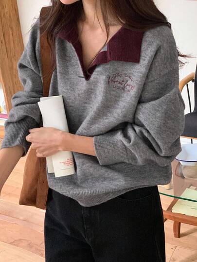 Dazy Kids Teen Girl Letter Embroidery Contrast Color Casual Pullover Sweater