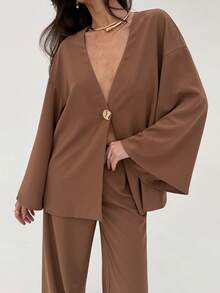 Aloruh Apricot Casual Office Outfit, New Autumn/Winter Loose Blazer Jacket + Wide Leg Pants 2 Pieces Set For Women Brown - Apricot - View 9