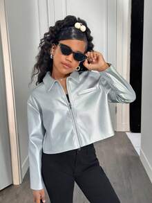 SHEIN 少女休闲街头风翻领PU金属拉链短款外套 - 銀色 - 查看 5