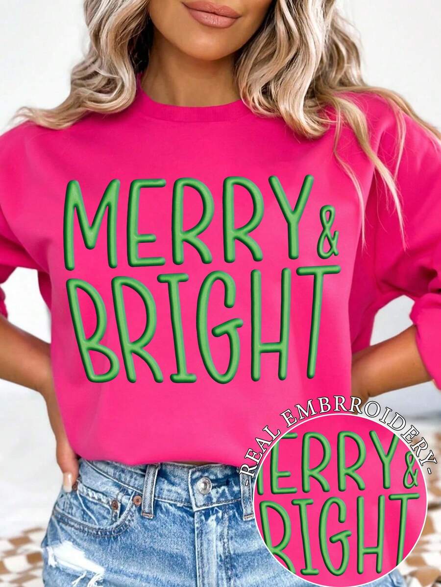 Flirla Women's Casual Oversized Letter Print Round Neck Sweatshirt, Summer - Hot Pink - View 1
