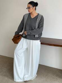 Dazy Plus 大码女式V领休闲宽松套头毛衣，通勤百搭，秋冬季 - 灰色 - 查看 3