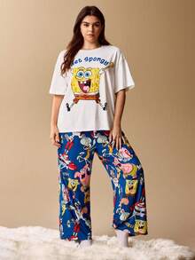 SpongeBob SquarePants | SHEIN 大码字母卡通图案圆领短袖上衣和裤子睡衣套装 - 白色 - 查看 3