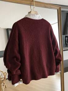 SHEIN Franclia Áo len dài tay cổ tròn thêu họa tiết cổ điển dành cho nữ - Màu Đỏ Sâu - Xem 2