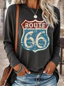 EMERY ROSE Women's Retro Route 66 Pattern T-Shirt, Women's Casual Long Sleeve T-Shirt With Slogan Print, Spring/Summer, Machine Washable - Grey - View 1