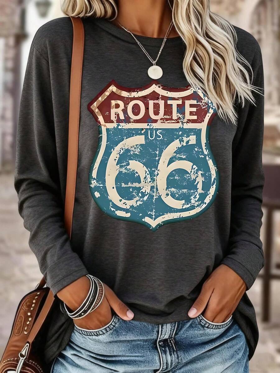 EMERY ROSE Women's Retro Route 66 Pattern T-Shirt, Women's Casual Long Sleeve T-Shirt With Slogan Print, Spring/Summer, Machine Washable - Grey - View 1