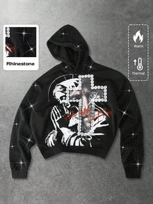 ROMWE MEN Street Life Men's Hooded Sweatshirt, Jesus, Virgin Mary, Cross, English Text Print, Rhinestone Patchwork, Autumn/Winter - Black - View 1