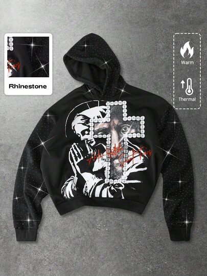 Street Life Men's Hooded Sweatshirt, Jesus, Virgin Mary, Cross, English Text Print, Rhinestone Patchwork, Autumn/Winter
