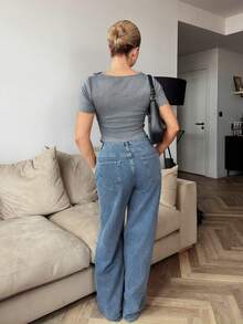 Bethéva Jeans casuales y sueltos con botones delanteros y varios bolsillos, para uso diario - Lavado ligero - Ver 2