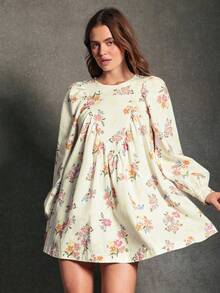 WESTFADE 印花牛仔圆领三角拼接长泡泡袖宽松娃娃迷你连衣裙，适合秋季、冬季穿着，休闲可爱，波西米亚风。 - 彩色 - 查看 4