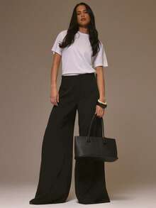 MUSERA Pantalones de pierna ancha con panel de malla y tiro bajo, estilo callejero cool para chica, lindo para otoño, invierno y fiestas de Acción de Gracias - Negro - Ver 1