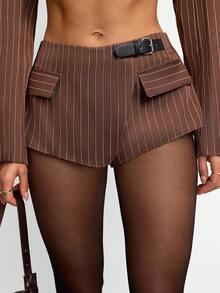 Avenya Brown Striped Low Waist Mini Shorts, Fashionable For Commuting - Brown - View 4