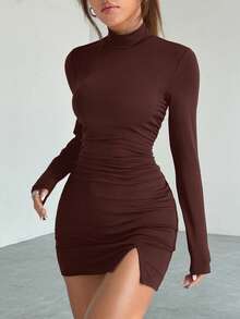 SHEIN EZwear 女士秋季时尚纯色褶皱开衩迷你修身连衣裙 - 棕色 - 查看 5
