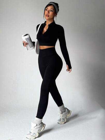 Easithlete Women's Seamless Sports Set: Long - Sleeve Half - Zip Top With Thumb Holes & High - Waist Slim - Fit Leggings, Ideal For Yoga, Gym Workouts, Outdoor Cycling & Daily Leisure,Conjunto Deportivo,Mallas Deporte Mujer,Conjunto Gym Mujer, Active Two Piece Set Gym Two Piece Set Gym Clothes Women Set Black Curve Activewear Set