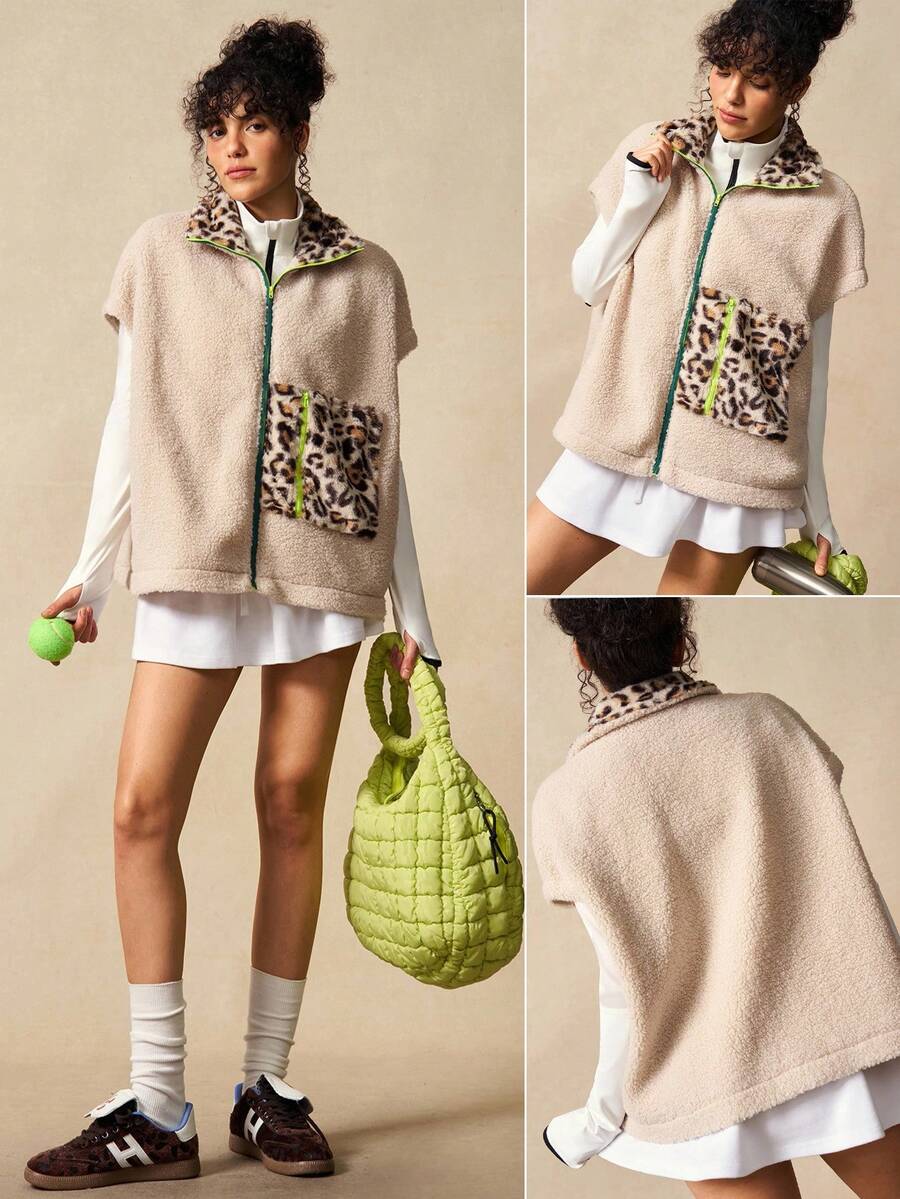 VARSIVA 女士休闲豹纹拼接抓绒外套，秋冬款 - 彩色 - 查看 1