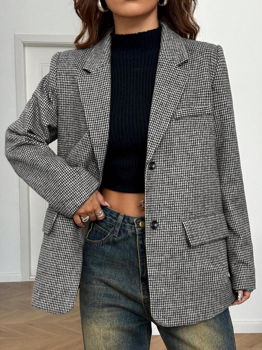 SHEIN EZwear 黑白加大码休闲宽松西装外套，女士冬季服装 - 黑與白 - 查看 1